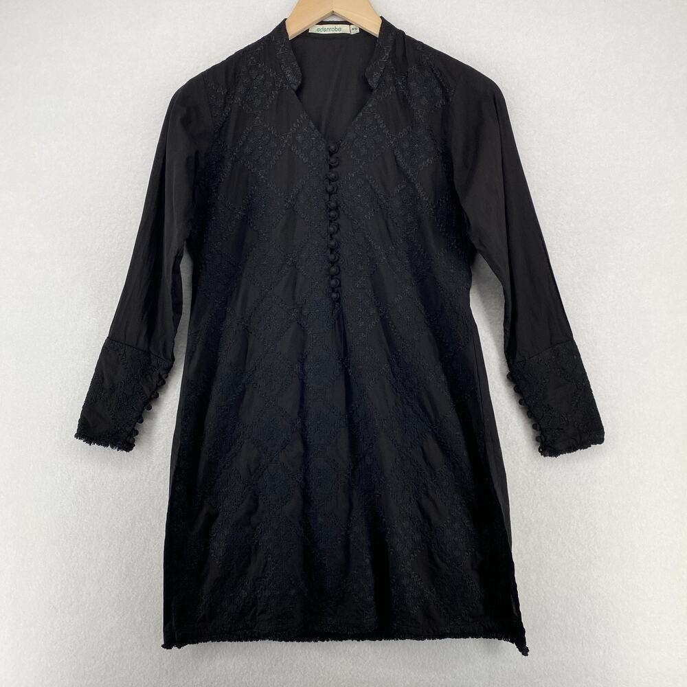 EDENROBE Top Womens XS Pakistani Tunic Kurti Pret Embroidered Popover Black